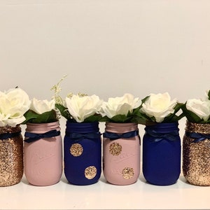 Navy, Blush Pink and Rose Gold Mason Jars, Set of 6, Shower Centerpieces, Navy Wedding Decor, Blush Pink and Rose Gold Shower Centerpeices