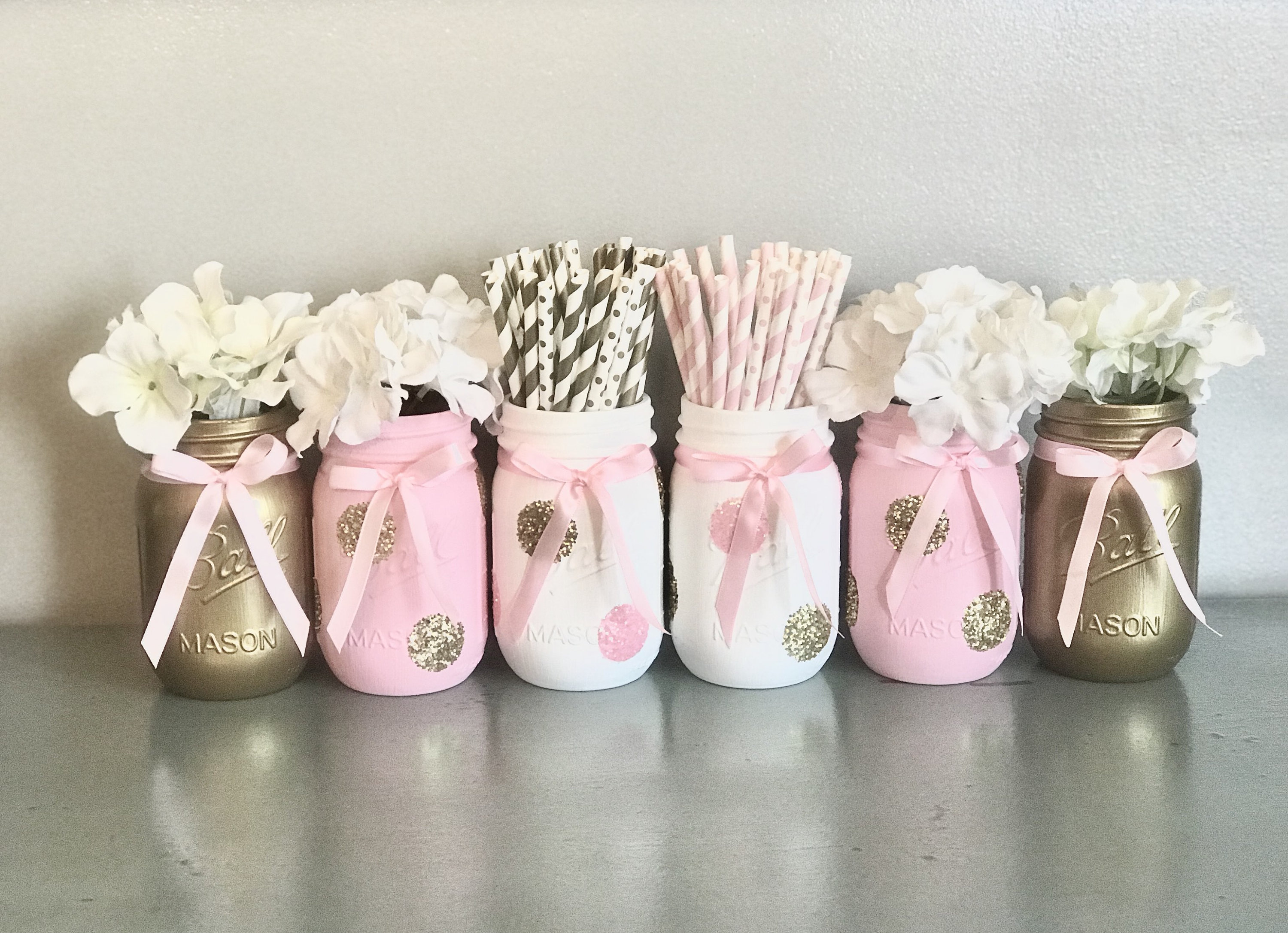 Pink and Gold Baby Shower Centerpieces Set of 6 Quart Mason Etsy