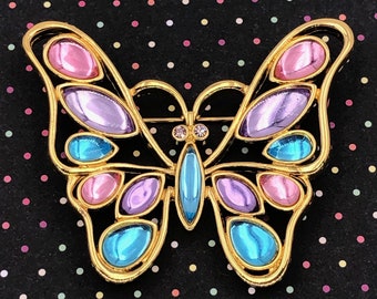 Trifari Gripoix Glass Butterfly Brooch Pin, Gold Tone, Pink, Lavender and Turquoise Jelly Belly Stones