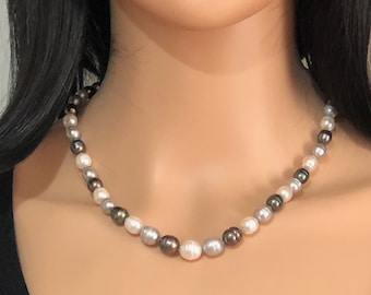Honora White, Gray, and Peacock Colored Freshwater Potato Pearl Necklace, 925 Sterling Silver Components