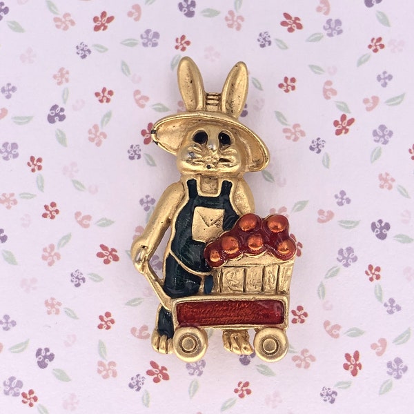 Danecraft Gold Tone Farmer Easter Bunny Boy in Coveralls with Wagon of Fruit Brooch Pin