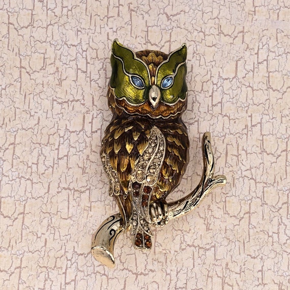 Classic Double Owl Bird Brown Crystal Rhinestone Gold-tone Brooch Pin 