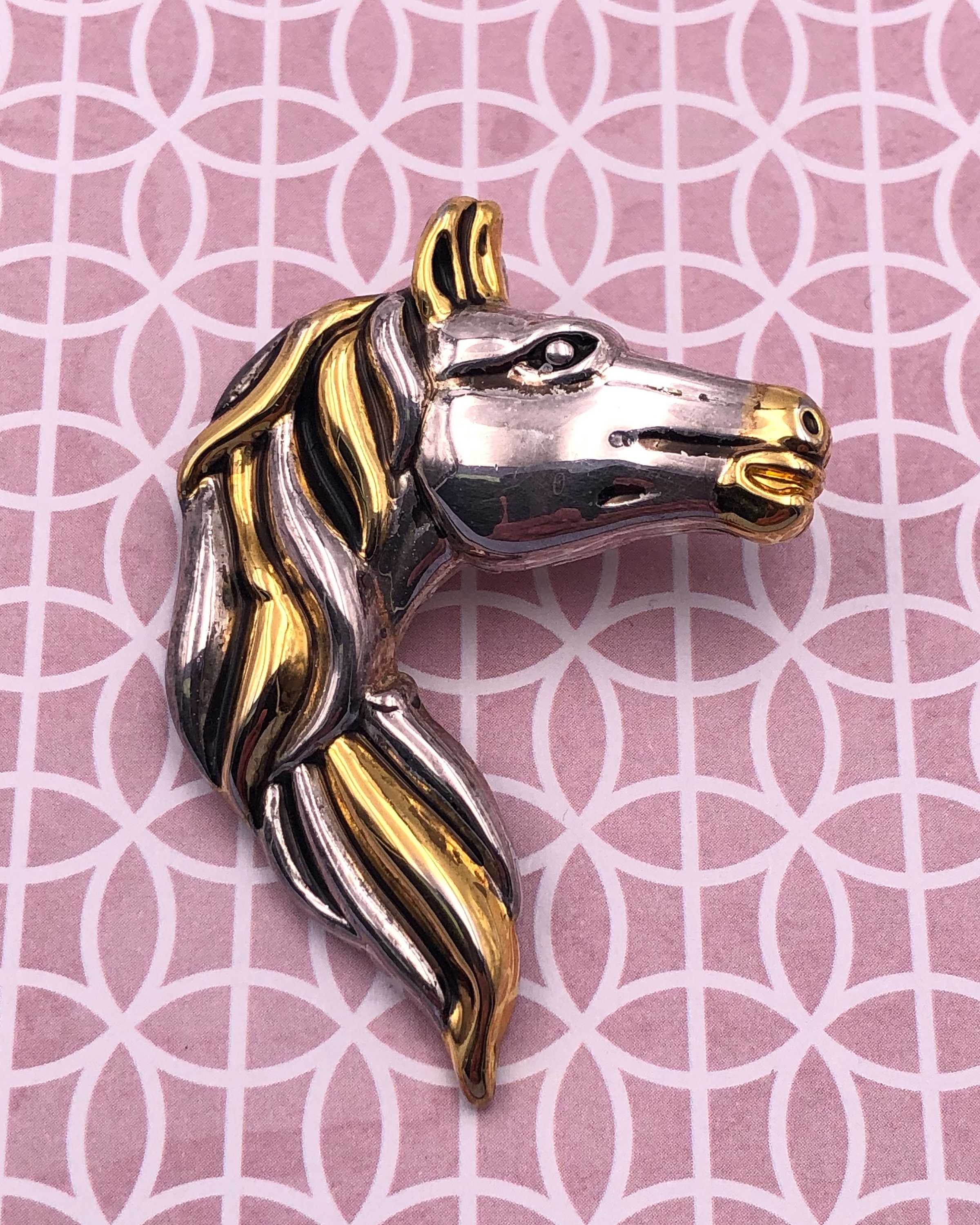 Vintage Best Signed Silver and Gold Tone Horse Profile Brooch Pin