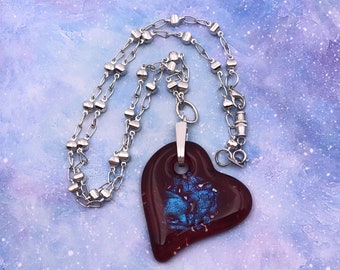 Red and Blue Dichroic Glass Heart Pendant on Silver Tone Chain