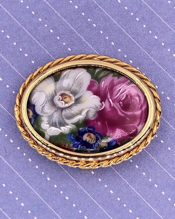 France Hand Signed Rose Bouquet Gold Gilt Lace Porcelain BROOCH Pin Vintage 19C Hand Painted Limoges REF 376