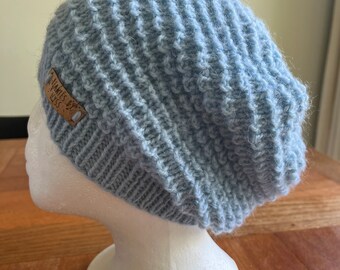 Hand knitted wool and alpaca slouchy in light blue