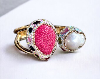 Luxurious Gold-Plated Hot Pink Stingray Leather Cuff Bracelet | Large Pearl, Crystals & Semi-Precious Stones