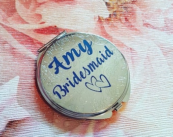 Gepersonaliseerde metallic compacte spiegel, op maat, bruidsfeest cadeau, schoonheid, make-up, dames. Bedankt huwelijkscadeau.