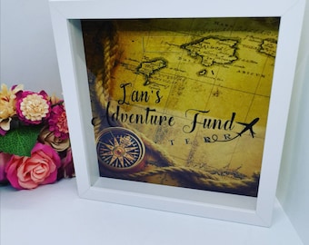 Personalised Money Box Frame, Moneybox, Adventure, Adventure Funds, Travel, Holiday, Homemade, saving frame, Money bank, Drop Box.