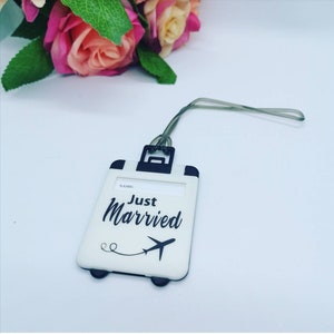 Personalised luggage tags, newlyweds, first holiday, label, suitcase, travel, honeymoon, adventure.