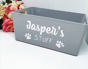 Personalised dog storage caddy. Plastic container. Pet tidy.