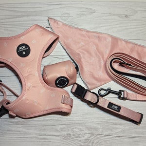 May include: A pet accessory set in light pink featuring a white leaf pattern. The set includes a harness, a triangular bandana, a waste bag dispenser, a collar, and a lead, all with black hardware and circular labels reading ALW A LITTLE WOOF.