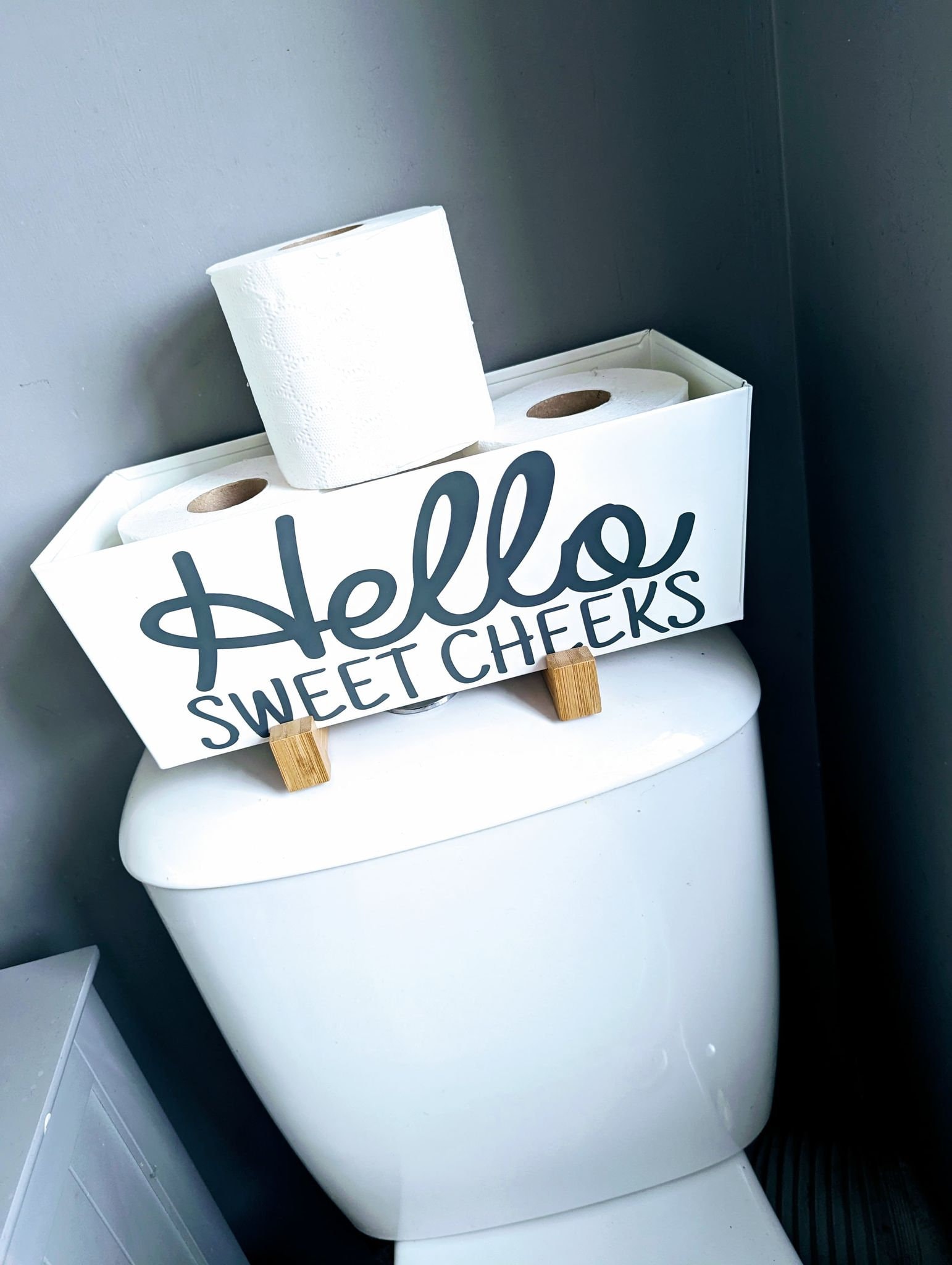 Admired By Nature "Hello Sweet Cheeks" Toilet Paper Holder - Solid Wood Bathroom Storage Box, Black
