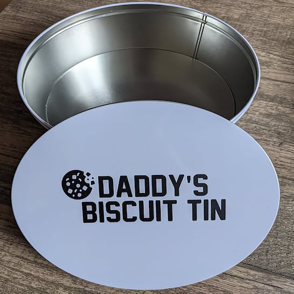 Personalised biscuit tin - White metal round snack tin with slip lid.