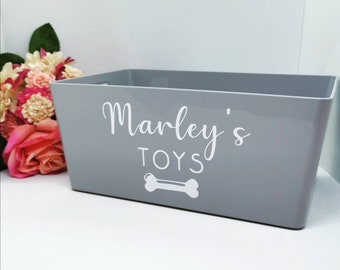 Personalised dog toy storage caddy. Plastic container. Pet tidy.