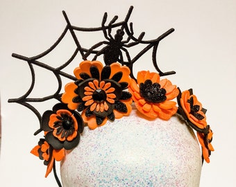 HALLOWEEN Spider Web Flower Crown Fascinator Headpiece- Orange