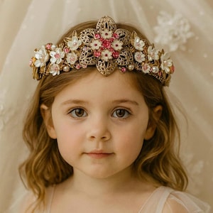 Tiara de princesa de hadas floral, corona rosa claro, tocado de novia, accesorio para niña de las flores, corona de jardín encantada para boda, tiara de cumpleaños
