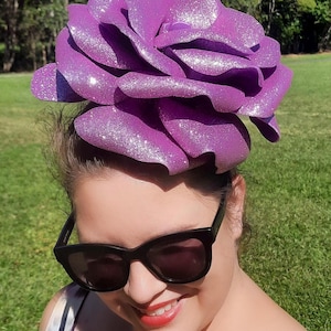 Giant Foam Flower Fascinator Headpiece- Spring Racing- Mauve Sparkle