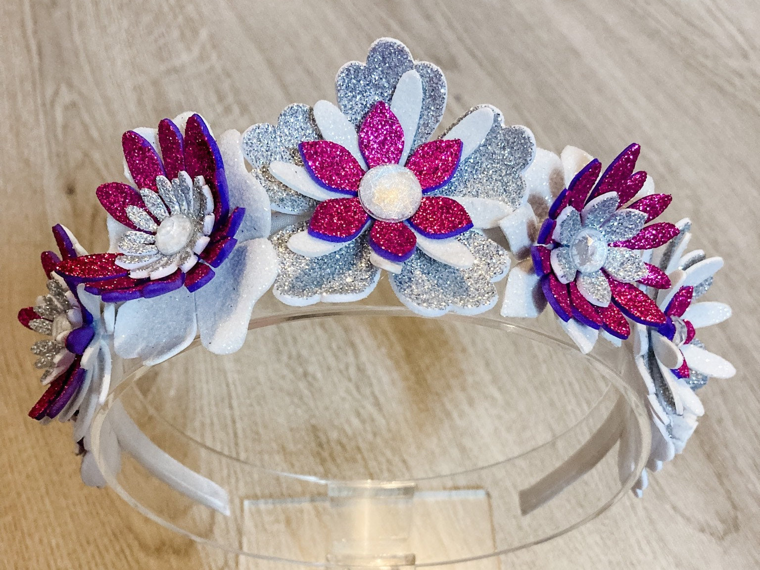 Glitter Flower Crown Headband, Purple, Silver, White 