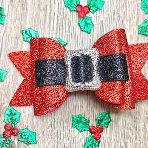 Christmas hair bow Santa red & green festive hair clip Santa Clause accessory Holiday Sparkle bow gift
