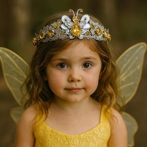 Yellow Queen bee tiara Butterfly silver crown for flower girl fairy party accessory bumble bee costume for Halloween outfit