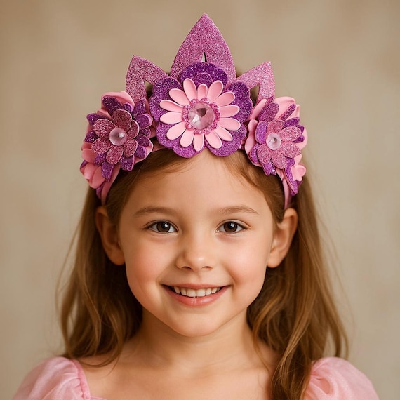 Purple & Pink Floral Crown Headband with Glitter Accent Glitter Flower Crown Headband, Purple, Silver, White  main image 4