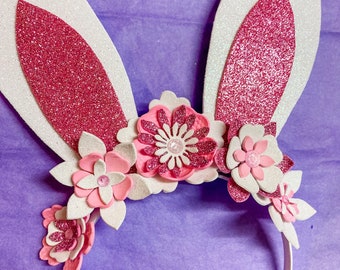 EASTER BUNNY Ears FLOWERCROWN - Pink & White