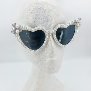 Bridal Heart Sunglasses Pearl Silver Diamante Wedding Accessories Adult Size Bachelorette party photoshoot