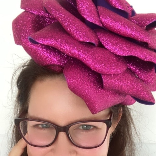 Giant Foam Flower Fascinator Headpiece- Spring Racing- Fushia Sparkle