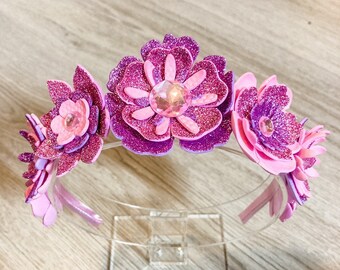 Pink & Purple Flower Crown Headband: Rhinestone Birthday  display picture 3