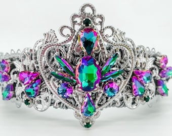 Maleficent Costume Tiara: Silver Filigree Crown, Green & Purple Gems