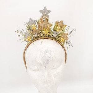 Tinsel tiara Glitter Star Sparkle Crown for New Years Eve Party headband with stars and tinsel metallic gold and silver sparkle tiara
