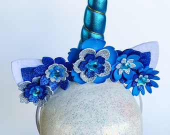 Unicorn Flower Crown Headband - White, Blue, Silver