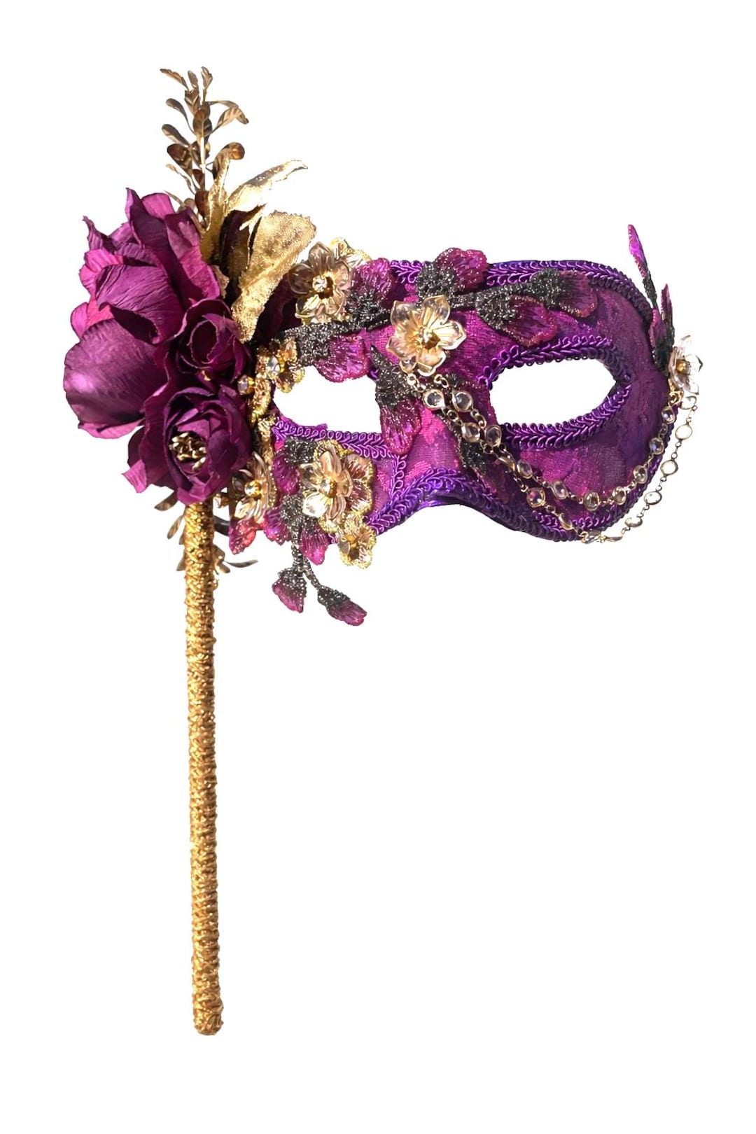 Purple Masquerade Ball Floral Bridgerton Mask With Stick – Golden ...
