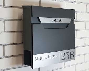 Personalised Wall-Mounted Mailbox, Letterbox, Modern Mailbox, Contemporary Postbox, RAL 7016 Anthracite Grey