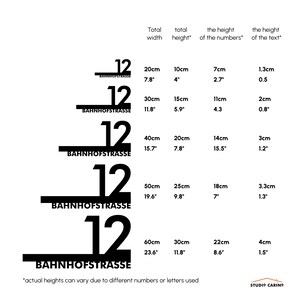 Puede incluir: Ilustraci&oacute;n en blanco y negro del n&uacute;mero 12 con el texto "BAHNHOFSTRASSE" debajo. La imagen muestra las dimensiones del n&uacute;mero y del texto en cent&iacute;metros y pulgadas.