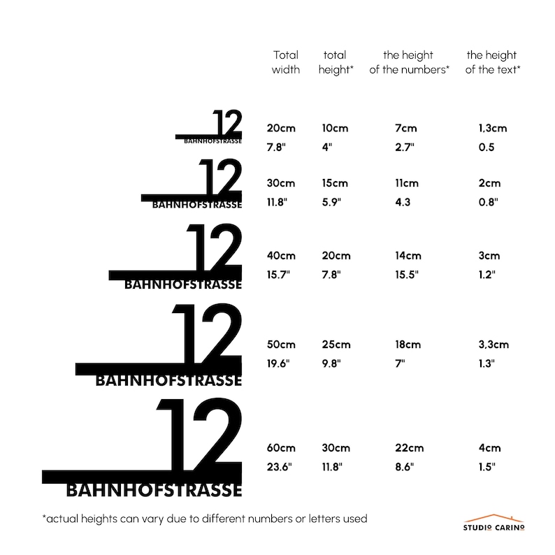 Puede incluir: Ilustraci&oacute;n en blanco y negro del n&uacute;mero 12 con el texto "BAHNHOFSTRASSE" debajo. La imagen muestra las dimensiones del n&uacute;mero y del texto en cent&iacute;metros y pulgadas.