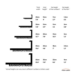 Puede incluir: Un gr&aacute;fico que muestra el ancho y la altura totales de un letrero en pulgadas y cent&iacute;metros. El letrero dice "BAHNHOFSTRASSE" y se muestra en cinco tama&ntilde;os diferentes. El gr&aacute;fico tambi&eacute;n muestra la altura de los n&uacute;meros y el texto en pulgadas y cent&iacute;metros.