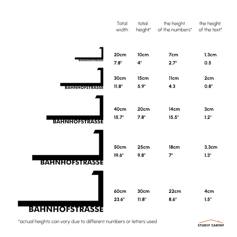 Puede incluir: Un gr&aacute;fico que muestra el ancho y la altura totales de un letrero en pulgadas y cent&iacute;metros. El letrero dice "BAHNHOFSTRASSE" y se muestra en cinco tama&ntilde;os diferentes. El gr&aacute;fico tambi&eacute;n muestra la altura de los n&uacute;meros y el texto en pulgadas y cent&iacute;metros.