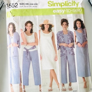 May include: A Simplicity sewing pattern packet showcasing various outfit designs. The packet includes women's clothing styles such as dresses, trousers, and jackets. The size range is 20W-28W, with European sizes 46-54 and French sizes 48-56. The packet is white with green and black text.