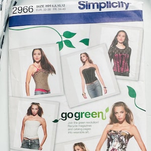 May include: Simplicity sewing pattern 2966 featuring images of various bustier tops. The pattern includes sizes 6, 8, 10, and 12, with European sizes 32-38 and French sizes 34-40. The cover promotes recycling magazines and catalog pages into wearable art.