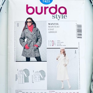 May include: A Burda Style sewing pattern packet featuring coat designs. The cover displays images of coat styles, size charts, and the text "MANTEL, MANTEAU, COAT, ABRIGO". The packet includes size ranges for both EUR and US sizes.