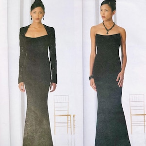 May include: Two black evening gowns are displayed on a white background. The first gown has long sleeves and a square neckline. The second gown is strapless. The text "BADGLEY MISCHKA" and "VOGUE AMERICAN DESIGNER" is visible.