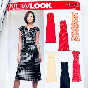 May include: A New Look sewing pattern featuring a woman in a black and white polka dot dress. The pattern includes illustrations of various dress designs in red, floral, and solid colors. The text "NEW LOOK" is prominently displayed at the top.