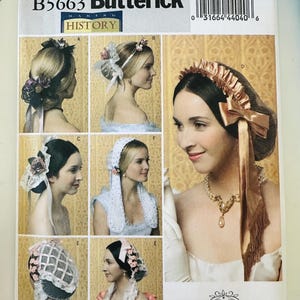 May include: A Butterick B5663 sewing pattern envelope for historical headwear. The cover displays six variations of decorative hair accessories, including bonnets, veils, and headbands adorned with lace, ribbons, and fabric flowers.