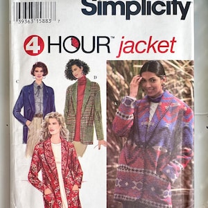 May include: A Simplicity 9163 sewing pattern envelope for a 4 Hour jacket. The white paper cover features illustrations of four different jacket styles in various colors and patterns, including red, blue, and green, with text labels.