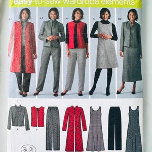 May include: A Simplicity 4789 sewing pattern envelope for easy-to-sew wardrobe elements in size AA 10-18. The front displays illustrations of various garments including jackets, vests, pants, and dresses in red, black, and grey patterns with a barcode.