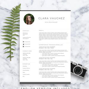 Plantilla CV Clara / Formato Currículum / Carta de Presentación / en Inglés y Francés / Microsoft Word / Descarga Instantánea