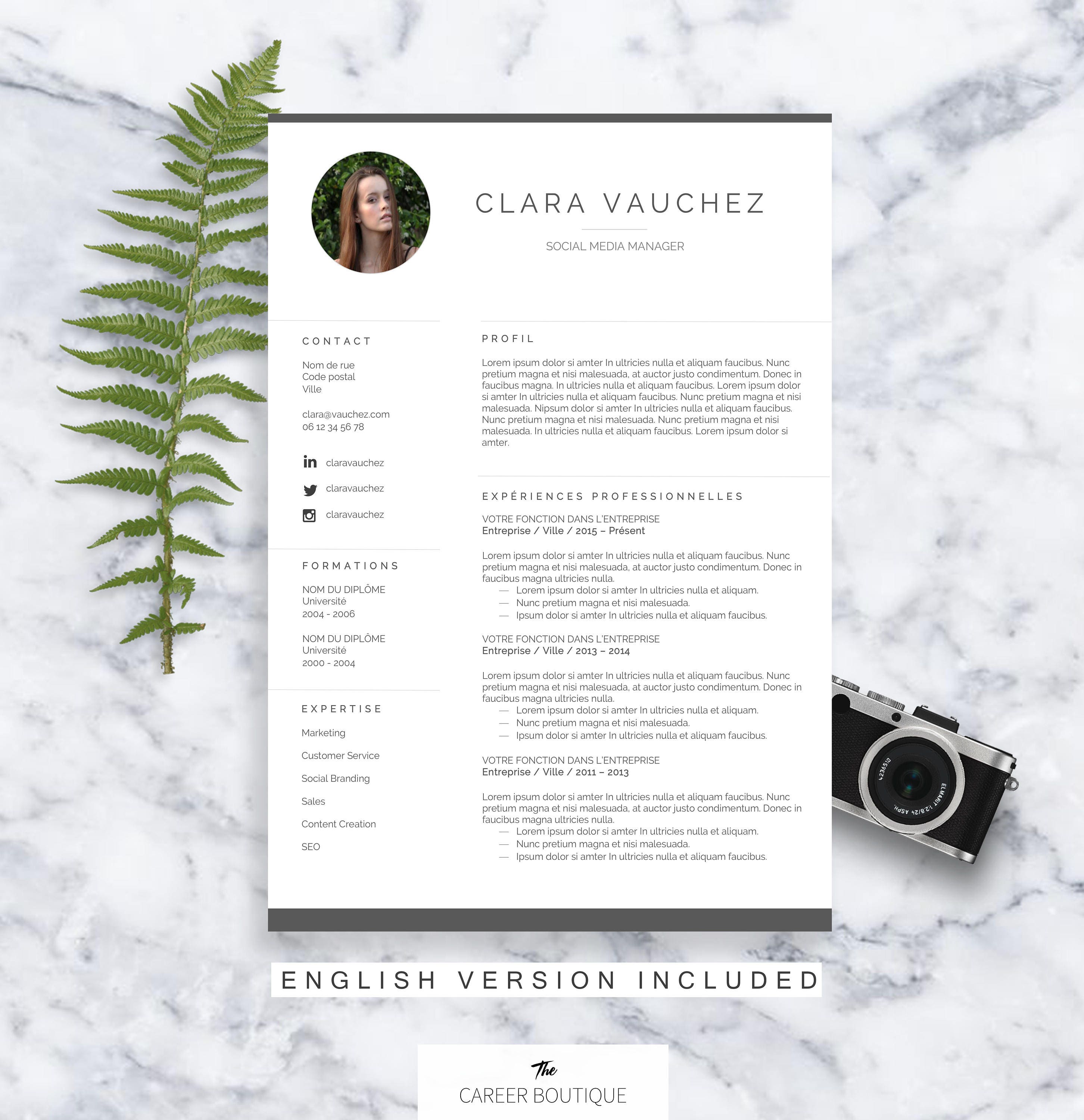 Modèle de CV Clara Resume Template Lettre de Motivation  Etsy