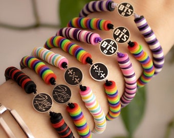 BTS, Stray kids, txt macrame bracelets with heishi beads unisex k-pop sterling silver 925, army, stay, MOA, k-pop bracelets, pride flag